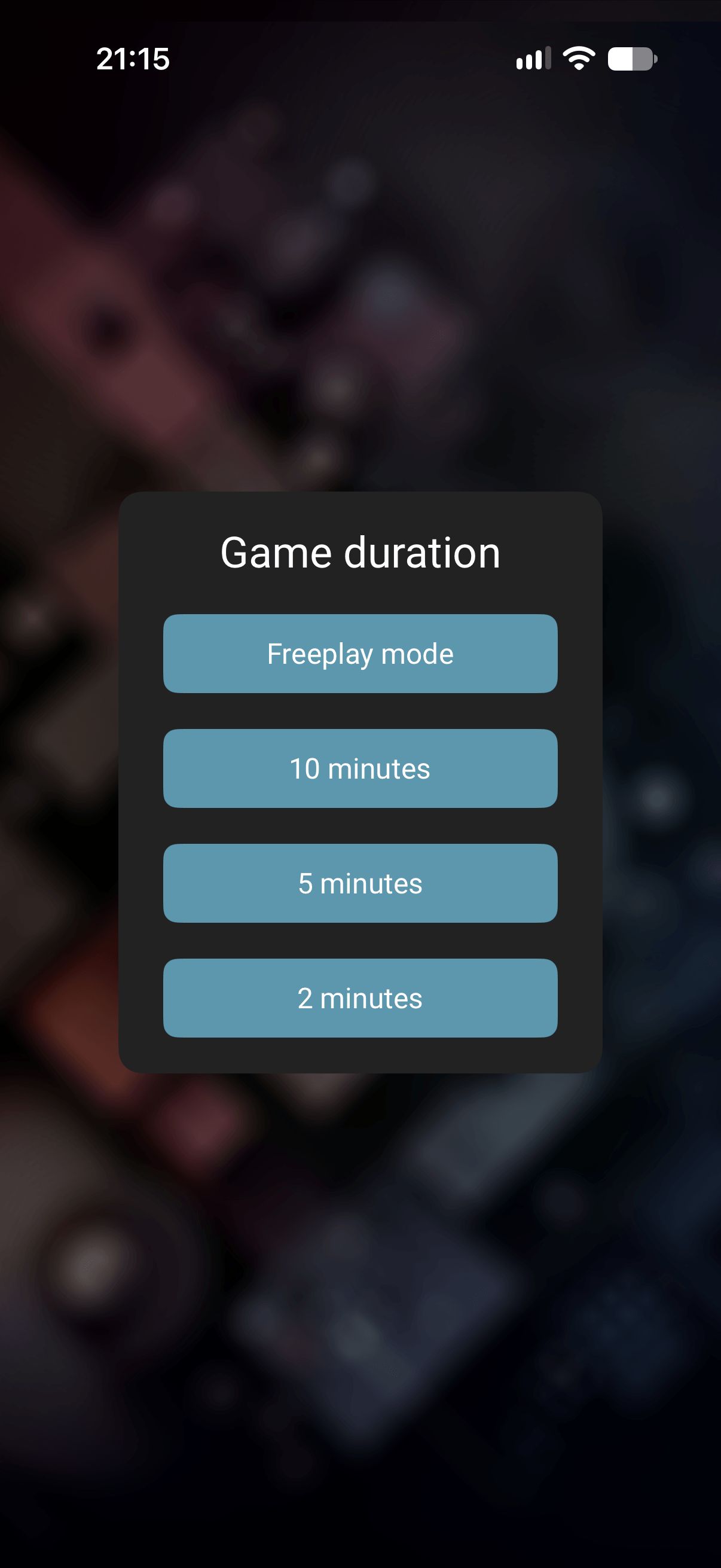 Game duration picker with Freeplay mode, 10, 5 and 2 minute options