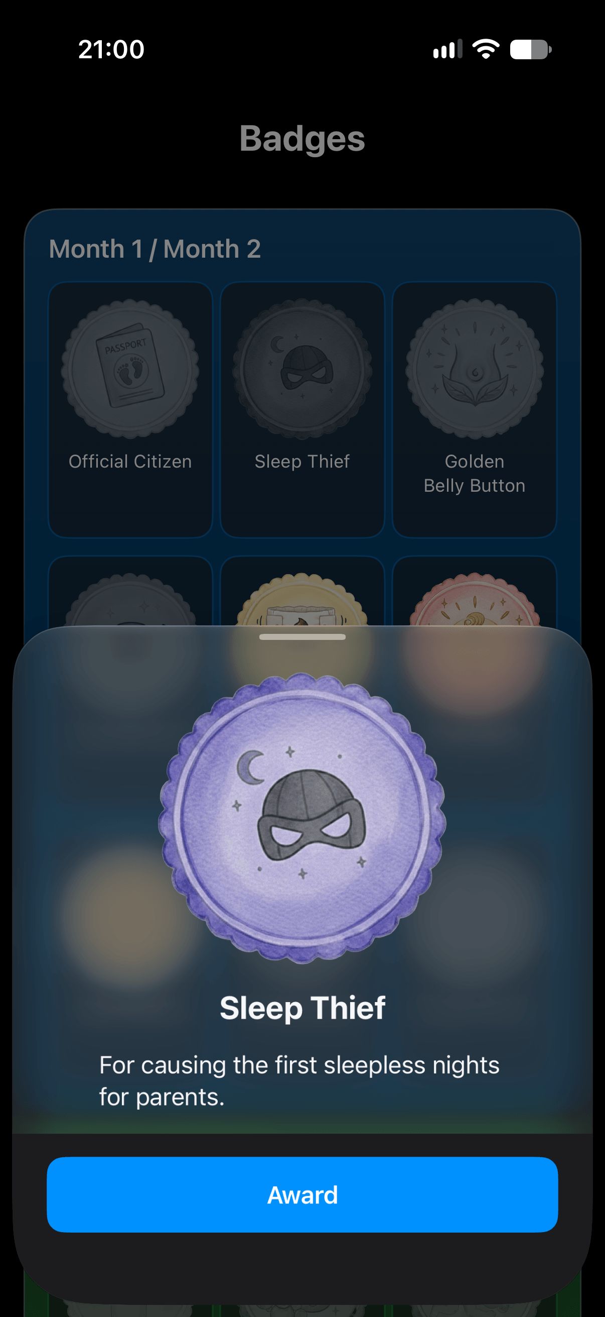 Badges screen showing the Sleep Thief badge, awarded for the first sleepless nights