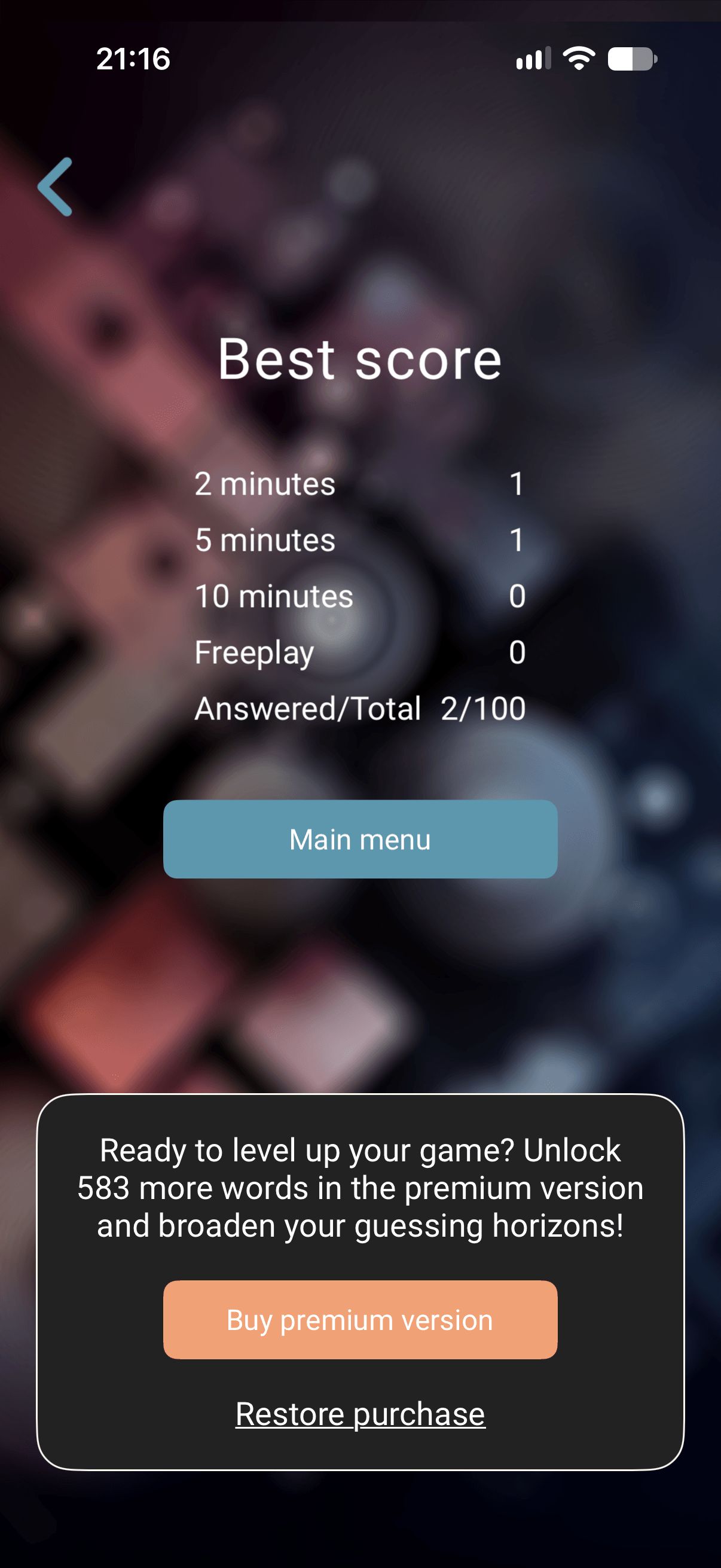 Best score screen with results per mode and an offer to unlock more words